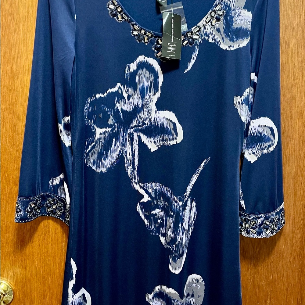 INC International Concepts Blue and White Graphic Embellished dress